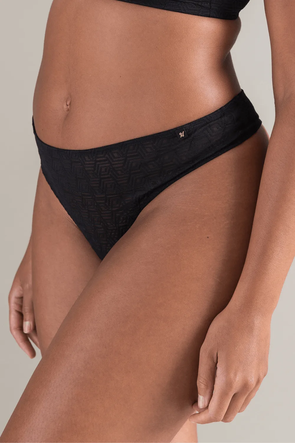 Sheer Deco Thong in Black