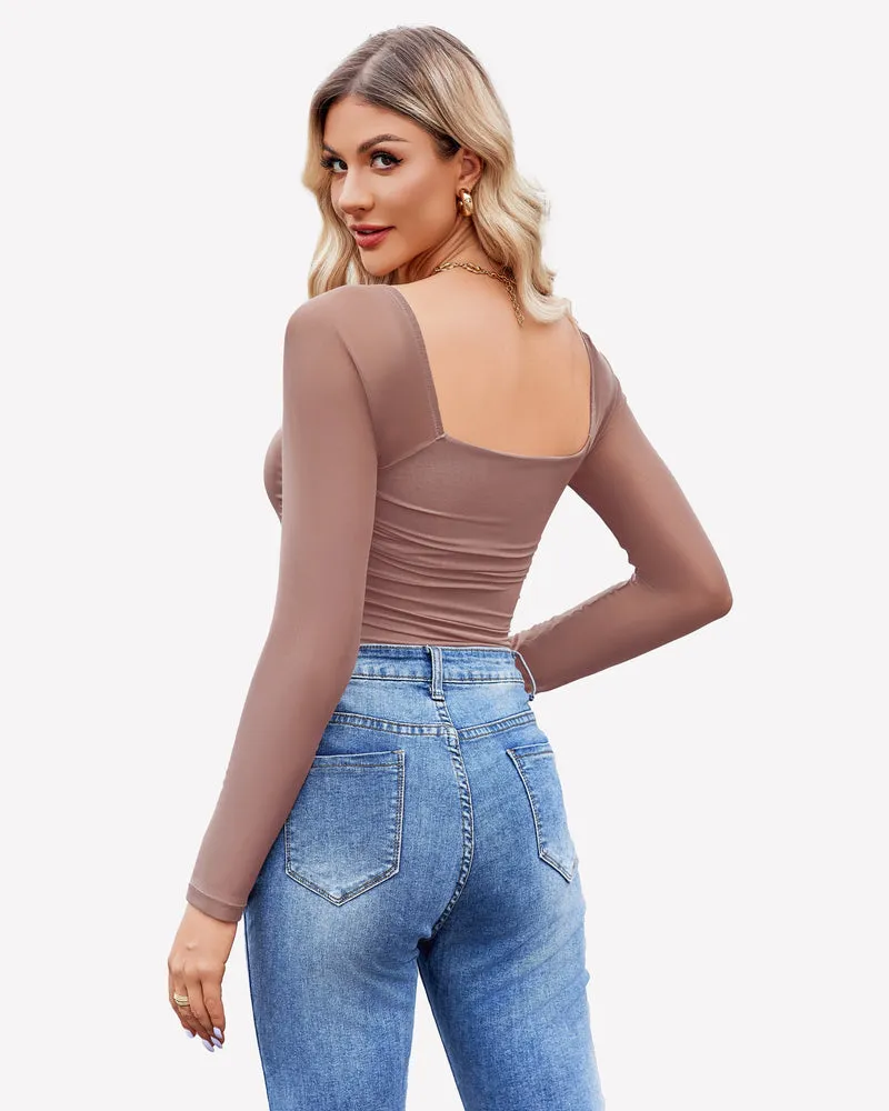 Square Neck Mesh Long Sleeve Bodysuit Shapewear