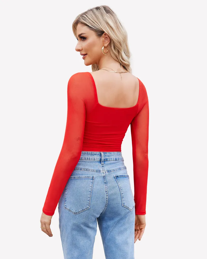 Square Neck Mesh Long Sleeve Bodysuit Shapewear