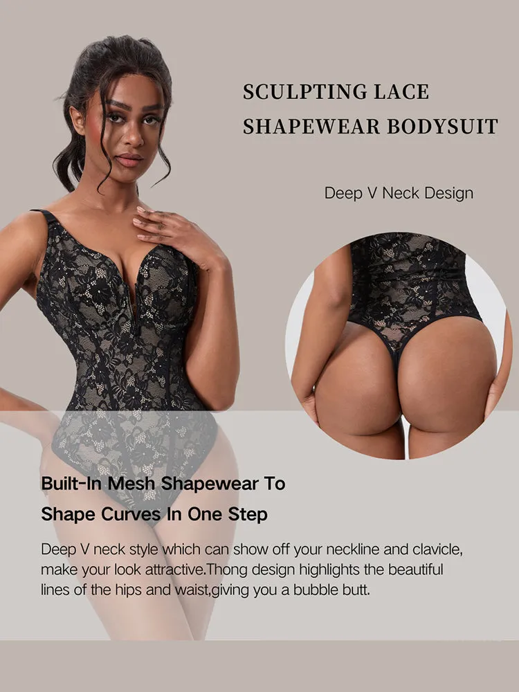V-Neck Lace Tummy Control Bodysuit Shapewear with Open Crotch