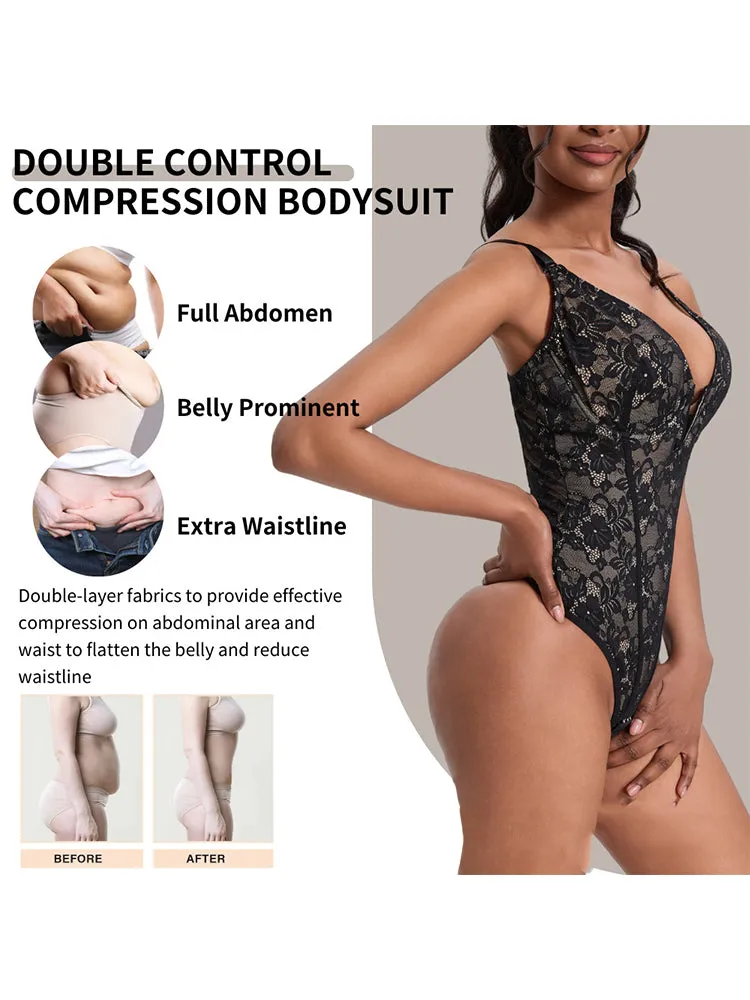V-Neck Lace Tummy Control Bodysuit Shapewear with Open Crotch