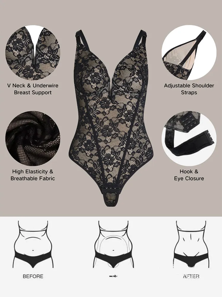 V-Neck Lace Tummy Control Bodysuit Shapewear with Open Crotch