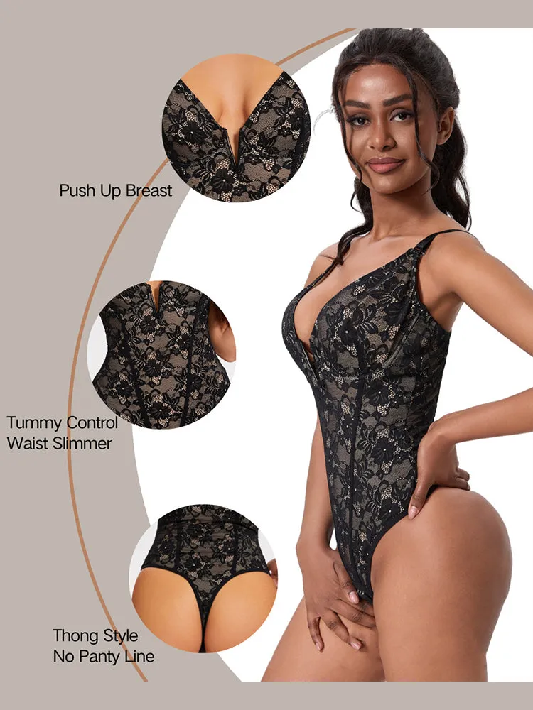 V-Neck Lace Tummy Control Bodysuit Shapewear with Open Crotch