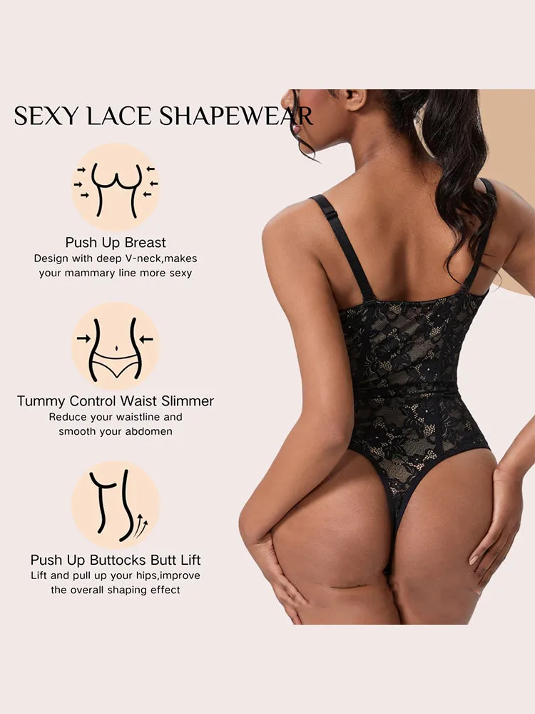 V-Neck Lace Tummy Control Bodysuit Shapewear with Open Crotch