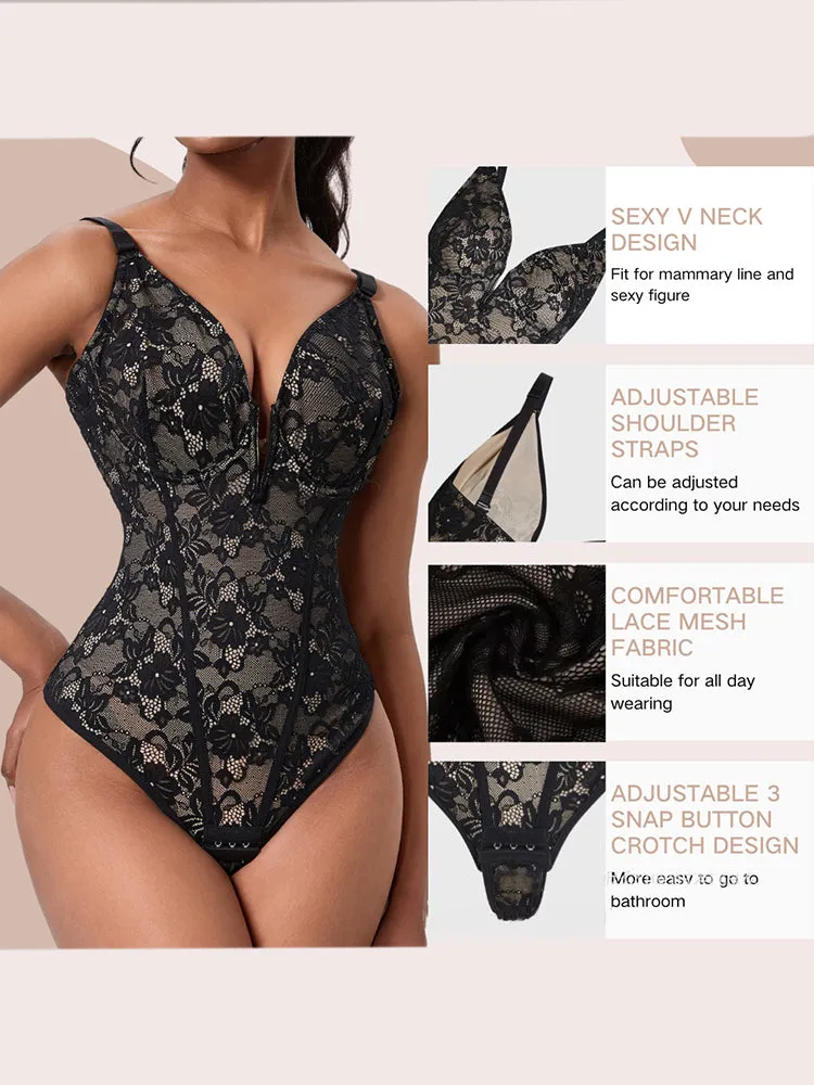 V-Neck Lace Tummy Control Bodysuit Shapewear with Open Crotch