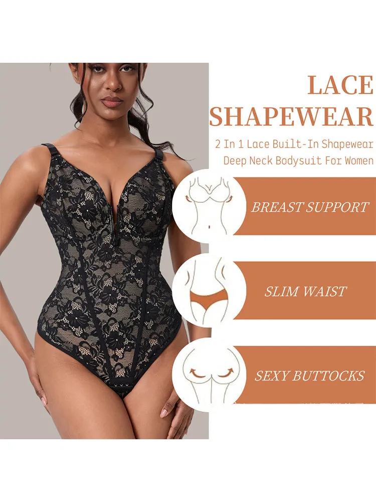 V-Neck Lace Tummy Control Bodysuit Shapewear with Open Crotch