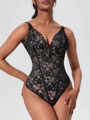V-Neck Lace Tummy Control Bodysuit Shapewear with Open Crotch
