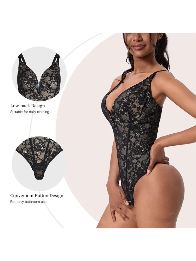 V-Neck Lace Tummy Control Bodysuit Shapewear with Open Crotch