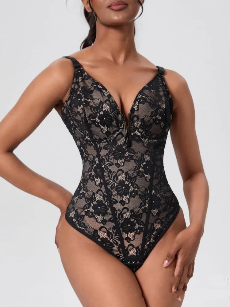 V-Neck Lace Tummy Control Bodysuit Shapewear with Open Crotch