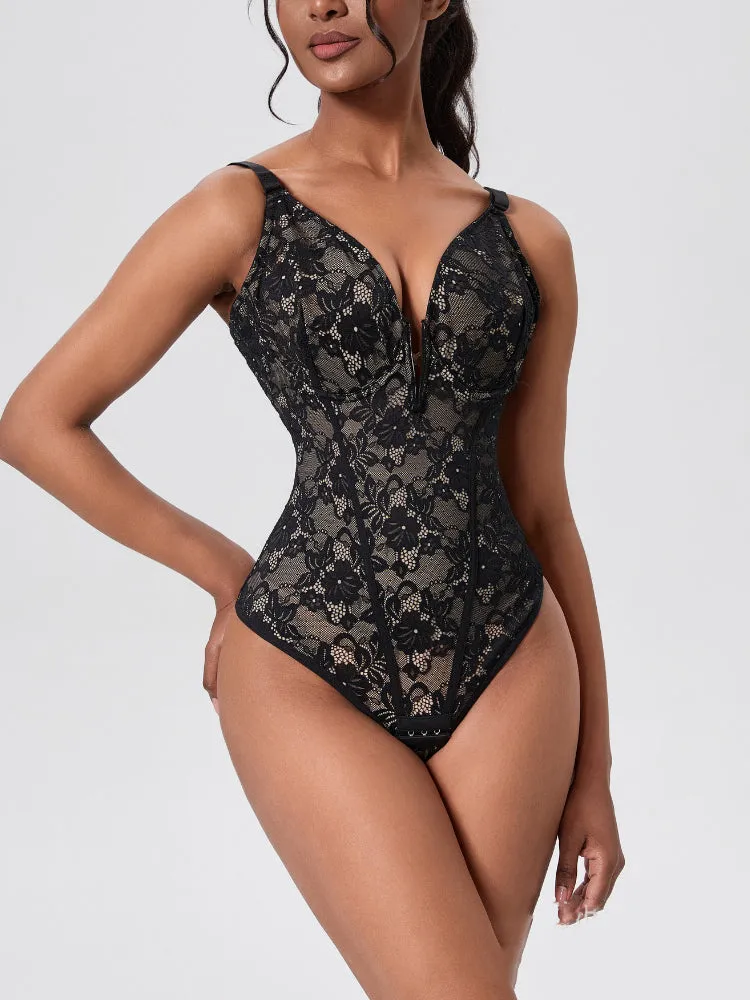 V-Neck Lace Tummy Control Bodysuit Shapewear with Open Crotch