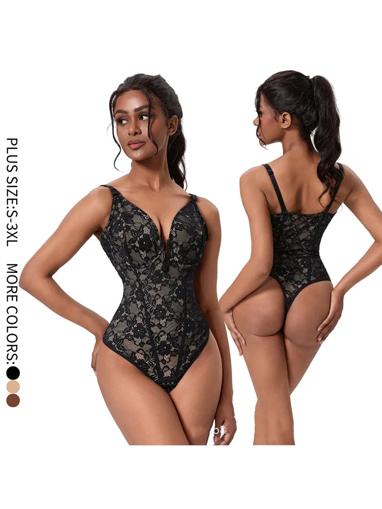 V-Neck Lace Tummy Control Bodysuit Shapewear with Open Crotch