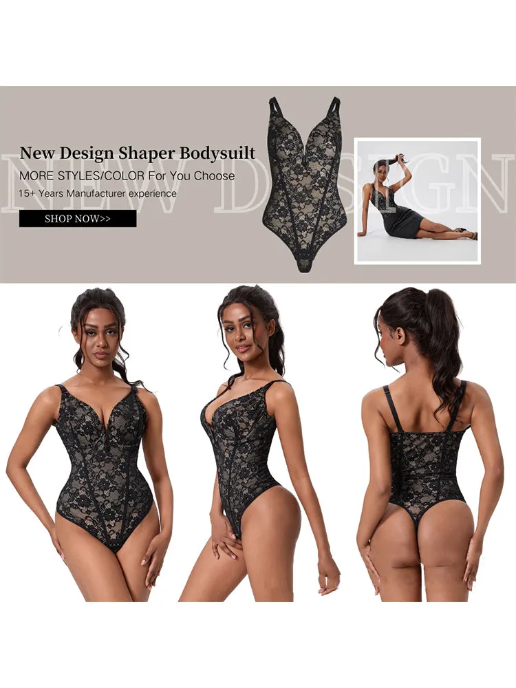 V-Neck Lace Tummy Control Bodysuit Shapewear with Open Crotch