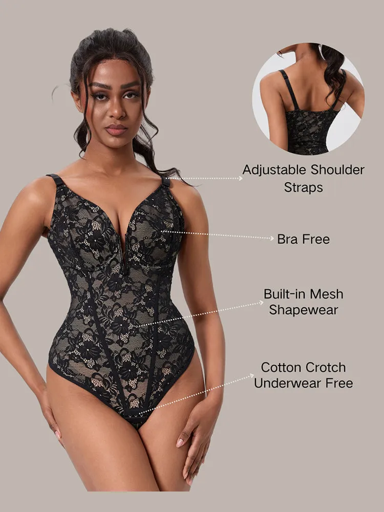 V-Neck Lace Tummy Control Bodysuit Shapewear with Open Crotch