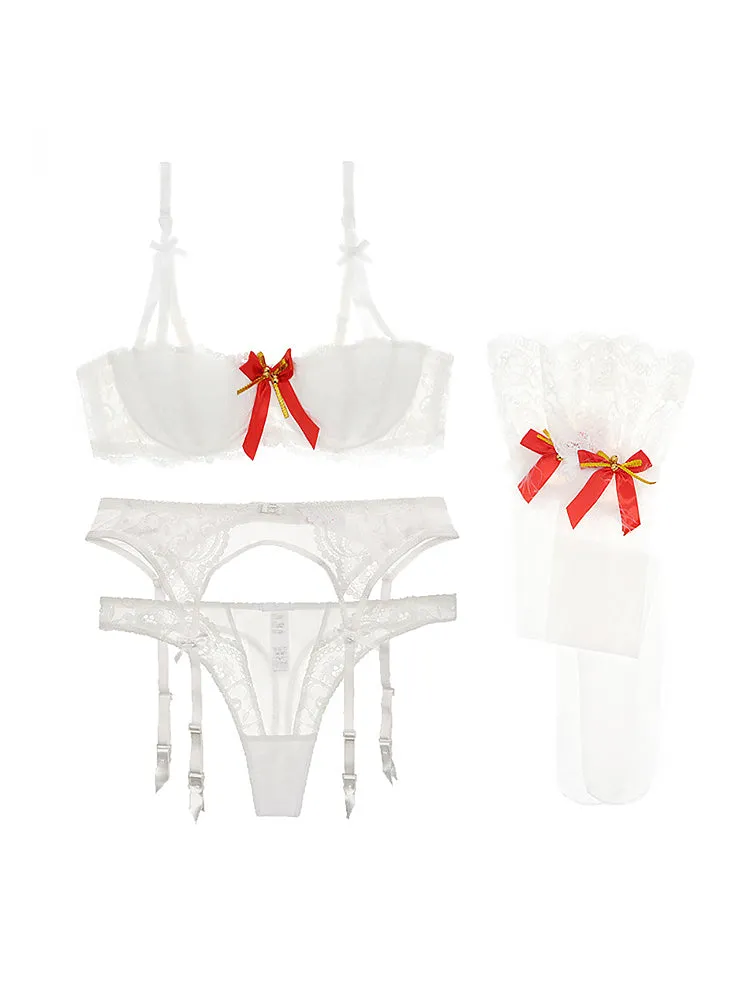 Women Lace Babydoll Christmas Lingerie Four Piece Set
