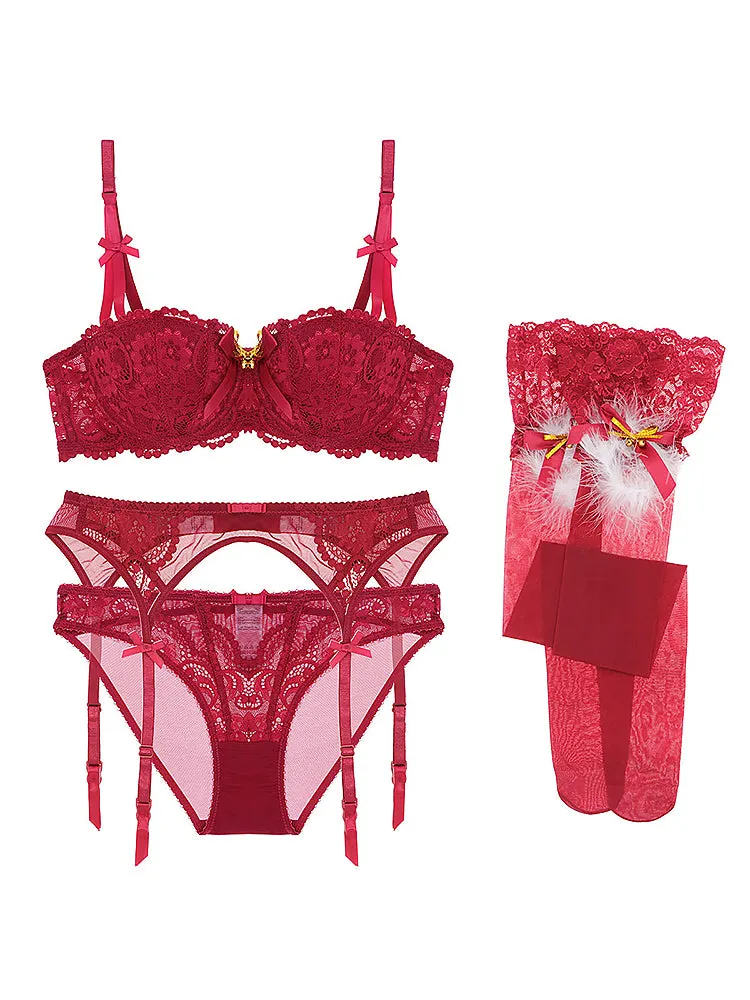 Women Lace Babydoll Christmas Lingerie Four Piece Set