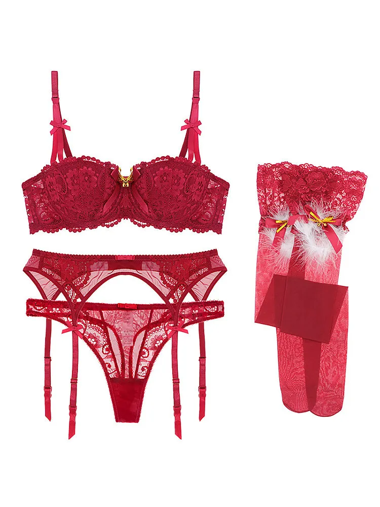 Women Lace Babydoll Christmas Lingerie Four Piece Set